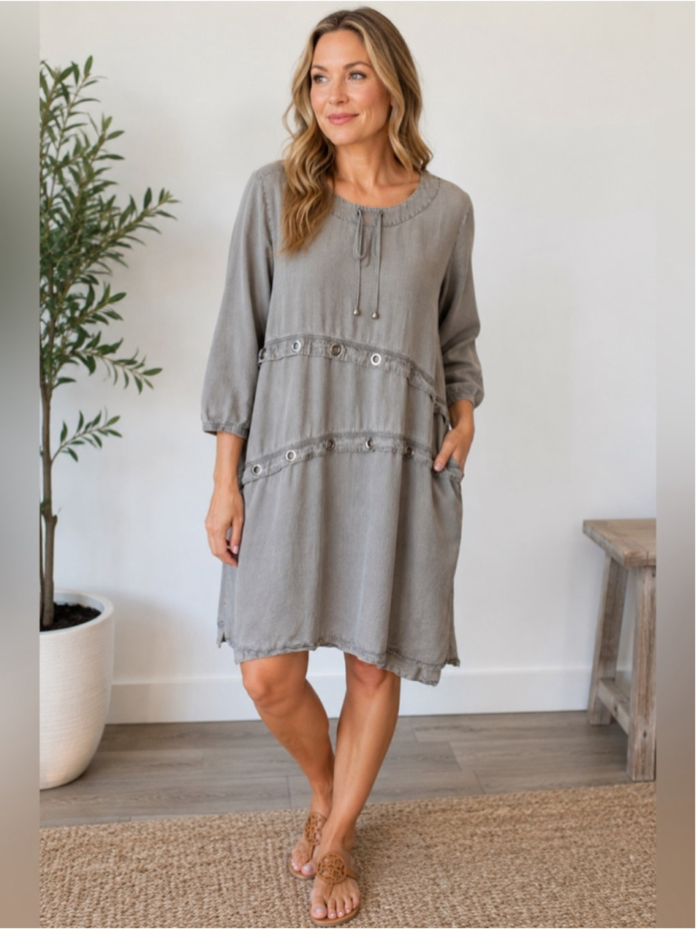 Neon Buddha Casual Grey Eyelet Trim Tunic Dress Size XL Minimalist Cottagecore